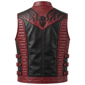 Original Leather Canvas Gothic Skull Biker <b>Vest</b> for <b>Men</b> Winter <b>Black</b> Red Punk Motorcycle Outerwear High Quality Anti-shrink - Product Image 3