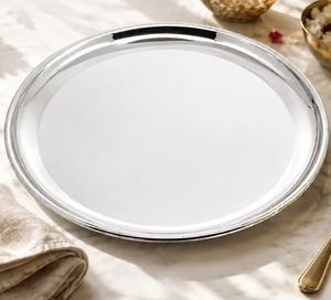 Assiette de présentation ronde en acier inoxydable poli, vaisselle en métal argenté, assiette plate pour les réceptions - Product Image 4