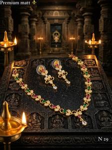 <b>Indian</b> Traditional Premium Matt Finish Multicolor Gemstone Cubic Zirconia Brass <b>Jewelry</b> <b>Set</b> Floral Leaf Chain Necklace <b>Set</b> - Product Image 5