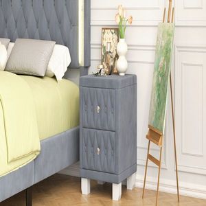 Elegant Grey Button Tufted Nightstand with <b>2</b> <b>Drawers</b> and Crystal Handle <b>Storage</b> Bedside Table - Product Image 2