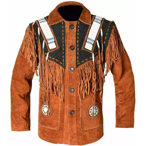 <b>Men's</b> Vintage <b>Suede</b> Leather <b>Jacket</b> With Fringe And Embroidery Turn-down Collar Regular Fit Autumn Outerwear - Product Image 1