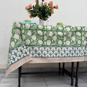 Handmade Cotton Floral <b>Tablecloth</b> Green White Printed Traditional Chinese Design Washable <b>Rectangle</b> Home Use - Product Image 1