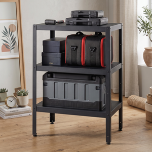 3-tier metal storage <b>shelf</b> freestanding industrial <b>rack</b> rectangle black tools organizer garage use utility <b>rack</b> - Product Image 2