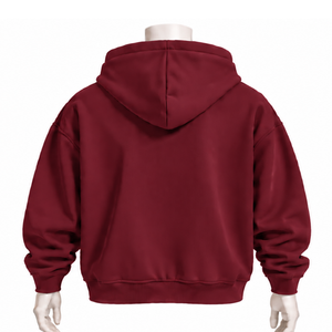 Burgundy Mens <b>Full</b> <b>Zip</b> <b>Hoodie</b> Chenille Letter Patch Heavyweight Fleece Oversized Casual Streetwear Sweatshirt with Kangaroo - Product Image 2