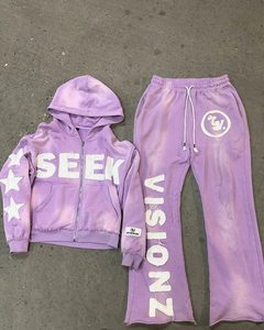 Conjunto de Sudadera con Capucha Morada Personalizada con Cremallera y Pantalones Anchos de Chándal con Apliques de Estrellas, Estilo Lavado, Ropa Urbana, Chándal, Marca Privada, Venta al por Mayor, OEM - Product Image 5