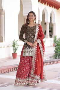 Salwar Kameez con bordado de lentejuelas marrones y Sharara roja y Dupatta para mujer, ropa tradicional india para bodas. - Product Image 2