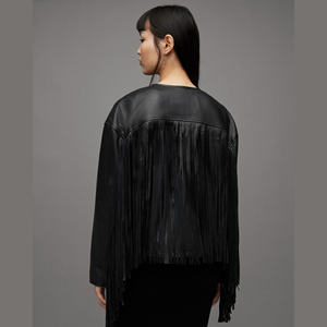 Women Real Leather Fringe <b>Jacket</b> Collarless Crewneck Zip Bomber Tassel Back Sleeve Fashion Outerwear - Product Image 3