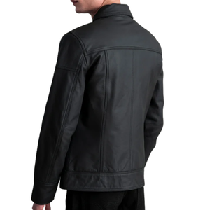 Veste en cuir noire haut de gamme pour homme, style col rabattu, effet enduit, fermeture éclair, idéale pour l'hiver et le style urbain. - Product Image 2