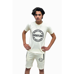 Customized Wholesale Summer Acid Wash Solid Men's 100% Cotton Lightweight T-Shirt Sweatshirt & Shorts Set with Screen Print - Product Image 5