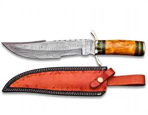 Couteau utilitaire à lame fixe en acier Damas, fabriqué à la main, pour la découpe en extérieur et le barbecue, avec étui en cuir - Product Image 1