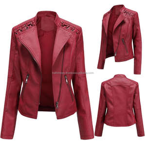 Chaquetas de mujer de cuero de punto acolchado ajustadas estilo motociclista con cremallera roja con detalles de encaje bolsillos con cremallera prendas de vestir exteriores de otoño elegantes - Product Image 6