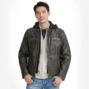 Chaqueta de Motociclista para Hombre, de Cuero Genuino, con Capucha, Cierre de Cremallera, Color Sólido, Corte Regular, Estilo Otoñal - Product Image 4