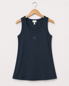 Women Ribbed Tank <b>Top</b> Sleeveless Crew Neck Vest <b>Navy</b> Solid Color Casual Summer <b>Top</b> - Product Image 1
