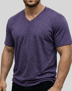 Men's V-Neck Short Sleeve Solid Cotton T-Shirt Regular Fit Casual Breathable Enzyme Wash for Knitted Jersey Fabric 180g - Product Image 1