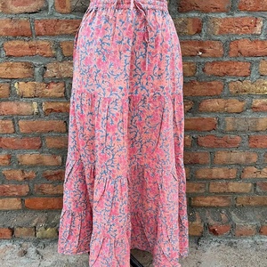 <b>Boho</b> Maxi <b>Skirt</b> for Women Block Print Cotton Dress Handmade Tiered Design Elastic Waistline Floral Pattern Breathable <b>Skirt</b> - Product Image 1