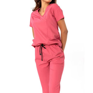 Conjunto de Uniforme Médico Unisex Rosa, Top de Manga Corta con Cuello en V y Bolsillos, Pantalones Rectos, Uniformes de Hospital, Mezcla de Algodón y Poliéster Tejido, Personalizable - Product Image 3