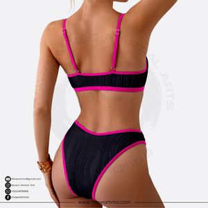 Conjunto de bikini acanalado de 2 piezas para mujer, con cuello pronunciado, diseño hueco, parte inferior elástica estilo hipster, color liso, de spandex y nailon, ropa de playa - Product Image 2
