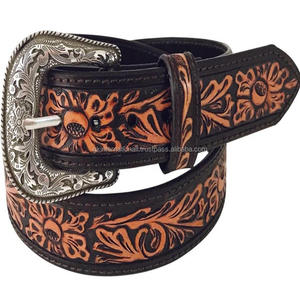 Cinturón de cuero genuino para hombre, color marrón, estilo occidental, con grabado floral, cinturón vaquero con hebilla plateada de diseño. - Product Image 3