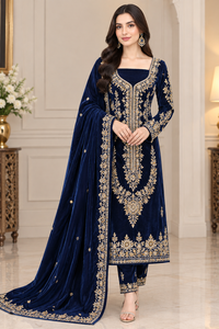 Salwar Kameez en soie bleu marine élégant avec broderie dorée, longueur au sol, tenue de mariage traditionnelle pour femmes, style Inde Pakistan - Product Image 4