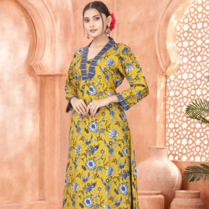 Conjunto de kurta amarillo estampado de alta demanda, marca Magic, cuello en V, fabricante de ropa ecológica para mujer - Product Image 1