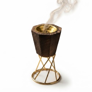 Geometric Wooden Mabkhara With Twisted Gold Metal Stand Modern Arabic <b>Oud</b> Burner Home Fragrance <b>Bakhoor</b> Censer For Ramadan Decor - Product Image 1