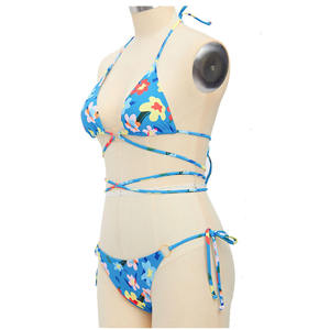 Women's Solid Halter Bandeau Bikini 2-Piece Set with Lace up Front Embroidery <b>Seamless</b> Knitted Blue Stretch Swimwear - Product Image 3