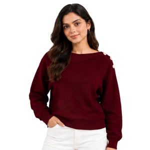 Suéter de Punto Color Vino Tinto para Mujer, Elegante, con Detalle de Botones Dorados en el Hombro, Cuello Asimétrico, Manga Larga, Informal, para Invierno - Product Image 1