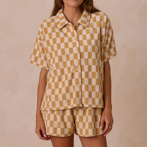 Set in spugna di cotone <span class=keywords><strong>per</strong></span> donna, abbigliamento da casa, camicia da <span class=keywords><strong>notte</strong></span> con bottoni e pantaloncini, pigiama naturale da donna, set loungewear da donna - Product Image 4