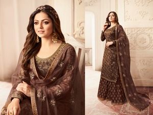 Ensemble Salwar Kameez 3 pièces pour femme, en soie jacquard lourde et georgette, avec broderies et manches longues, design Kurta. - Product Image 4