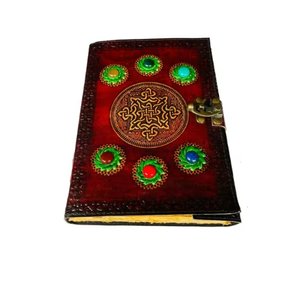 Diario de Cuero con Siete Piedras Preciosas en Relieve, Cuaderno Hecho a Mano con Tapa Dura Vintage, Cubierta Amarillo Marrón, Papel con Borde Decorativo, Tacto Real - Product Image 3