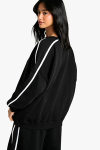 Sudadera Negra de Cuello Redondo para Mujer con Rayas Laterales Blancas, Corte Holgado, Informal, Tejida, Manga Larga, para Todas las Temporadas - Product Image 6