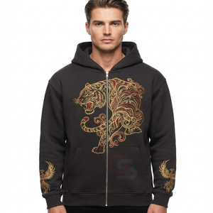 Sweat à capuche personnalisé avec fermeture éclair, 500 g/m², logo personnalisé, impression DTG, broderie, effet vintage délavé à l'acide, en molleton 100 % coton - Product Image 6