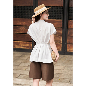 Blusa de Lino y Viscosa Blanca Transpirable para Mujer, Estilo Peplum Floral, Cuello Mandarín, Manga Corta, Ropa Casual de Verano, VENUS - Product Image 3