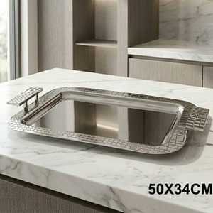 Sleek <b>Black</b> Serving Tray Featuring Textured Patterned Borders And Sturdy Handles, Ideal For Modern Table Decoration & Serving - Product Image 4