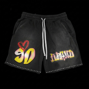 Premium cotton fleece acid wash pink shorts metal <b>stud</b> detailing drawstring waist custom logo embroidery print <b>men's</b> shorts - Product Image 2