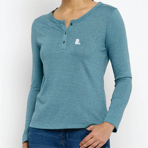 <b>Women's</b> Solid Color O-Neck Long Sleeve <b>Henley</b> T-<b>Shirt</b> Buttons Regular Fit Casual Nonwoven Top Breathable Cotton Plain Dyed Logo - Product Image 1