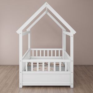 Letto a castello singolo in legno bianco con tetto a casetta e sponde di sicurezza per bambini - Product Image 5