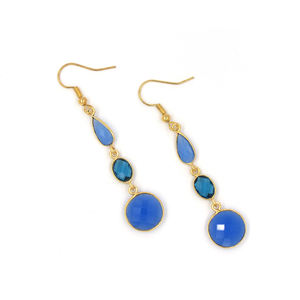 Pendientes Colgantes Bohemios con Flor de Calcedonia Azul Tinta y Topacio Azul de Londres |   Anillo de Oro de 18K con Corte Checker Hecho a Mano - Product Image 1