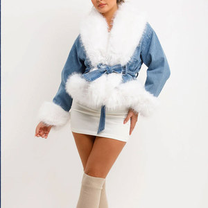 New Casual Autumn Women's Denim Jacket Heavyweight Faux Fur Sleeves Customizable Ripped Button Style - Product Image 5