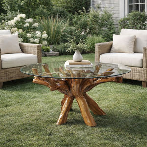 โต๊ะกาแฟไม้สักแท้ธรรมชาติ ดีไซน์ศิลปะ ออร์แกนิค เป็นมิตรกับสิ่งแวดล้อม ทนทาน พร้อมท็อปกระจกใส สำหรับตกแต่งภายใน - Product Image 6