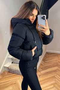 Women's Black Quilted Hooded Jacket Full Sleeve Zipper Closure Solid Color <b>Winter</b> Wear <b>Thick</b> Polyester Padded <b>Coat</b> - Product Image 6