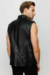 Top Trendy Premium <b>Men's</b> <b>Black</b> PU Leather Biker <b>Vest</b> Stand Collar Zipper Closure Moto Style Autumn Outer Wear Solid Pattern - Product Image 2