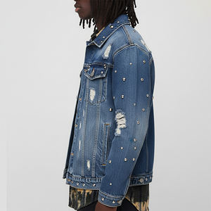 Veste en jean vintage pour homme OEM, effet usé, fermeture boutonnée sur le devant, coupe classique, 4 poches, doublure en laine imperméable, bleu délavé - Product Image 4