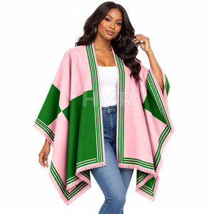 Suéter HMR Sorority Sisterhood, Color Rosa y Verde, Estilo Poncho, Manga Murciélago, Largo, Casual, 100% Acrílico, Borde con Borlas - Product Image 3
