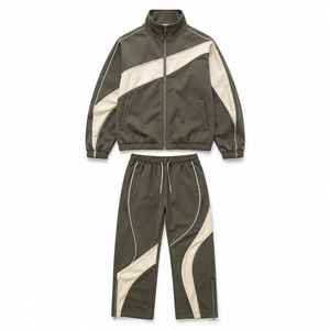 Conjunto Deportivo para Hombre en Negro y Beige con Bloques de Color, Chaqueta y Pantalones de Poliéster Tejido, Ropa de Otoño - Product Image 6