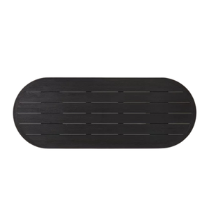 Table de repas d'extérieur minimaliste contemporaine en teck massif, surface ovale arrondie, design robuste à double colonne pour usage en terrasse - Product Image 2