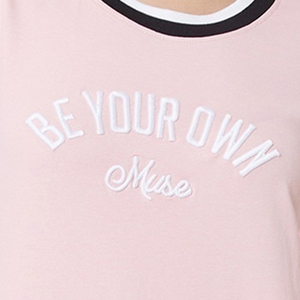 T-shirt décontracté en jersey pour femme, rose, en coton, col rond, manches courtes, avec lettres brodées - Product Image 2