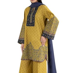 Ensemble de vêtements pour femmes Shalwar Kameez imprimé numérique couleur moutarde, mélange de lin de qualité supérieure, respirant, finition lisse - Product Image 4