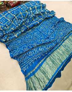 Sari en soie Gaji pure bleue Bandhani, sari traditionnel à motifs floraux tie-dye pour mariage, fête, Diwali - Product Image 4
