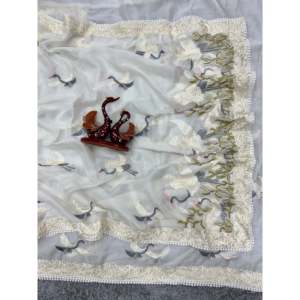 Sari Tradicional Chino de Diseñador con Hermoso Bordado de Hilos Multicolores - Product Image 1